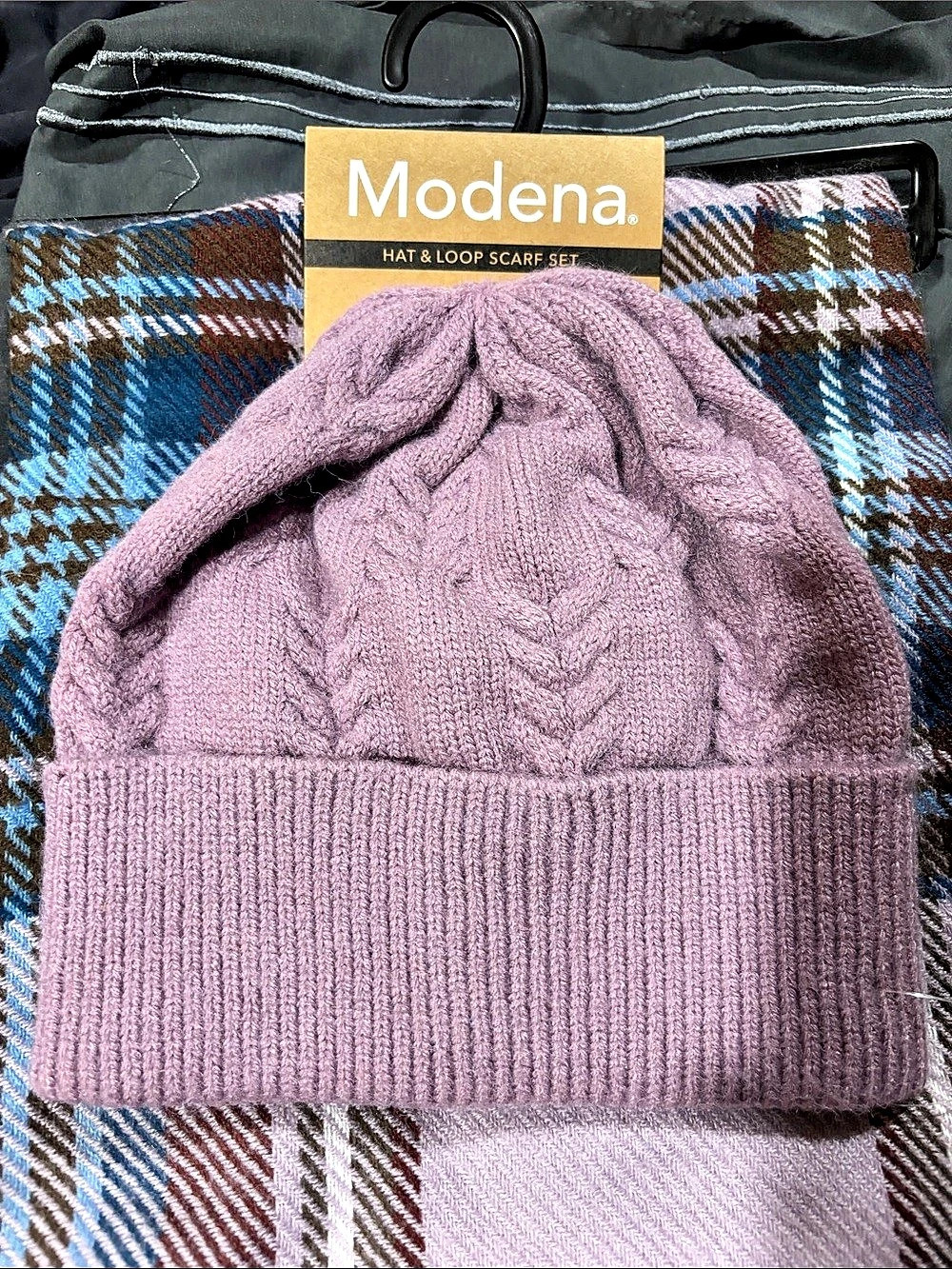 Modena Hat and Loop Scarf Set Plaid Purple & Blue